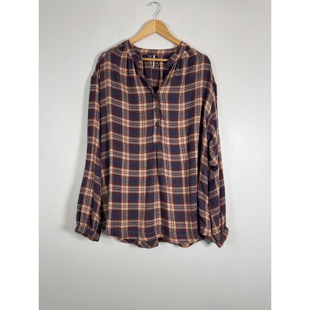 Boho Free People Womens Large Plaid Henley Tunic Burgundy Navy Wool Blend Top